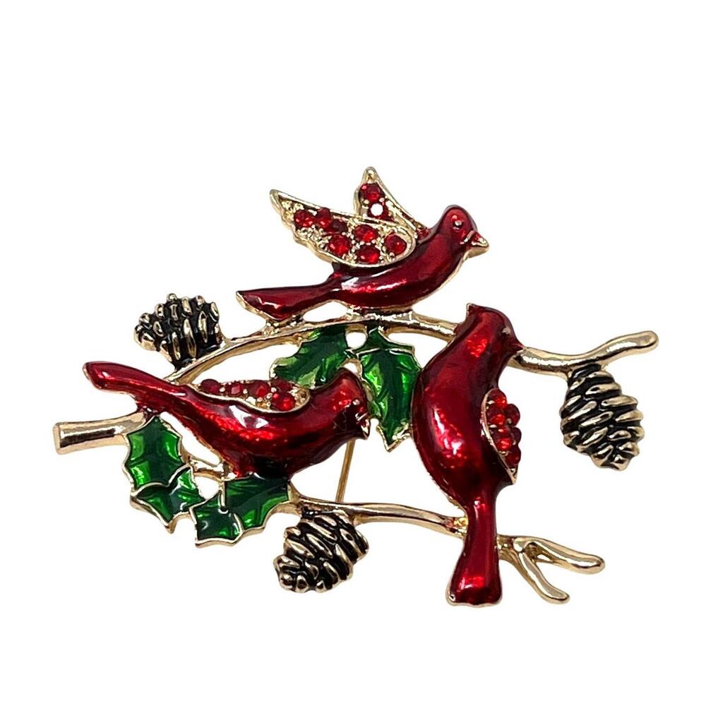 Cardinal Goldtone Brooch Pinecones Red Enamel Birds Green Holly Red Rhinestones